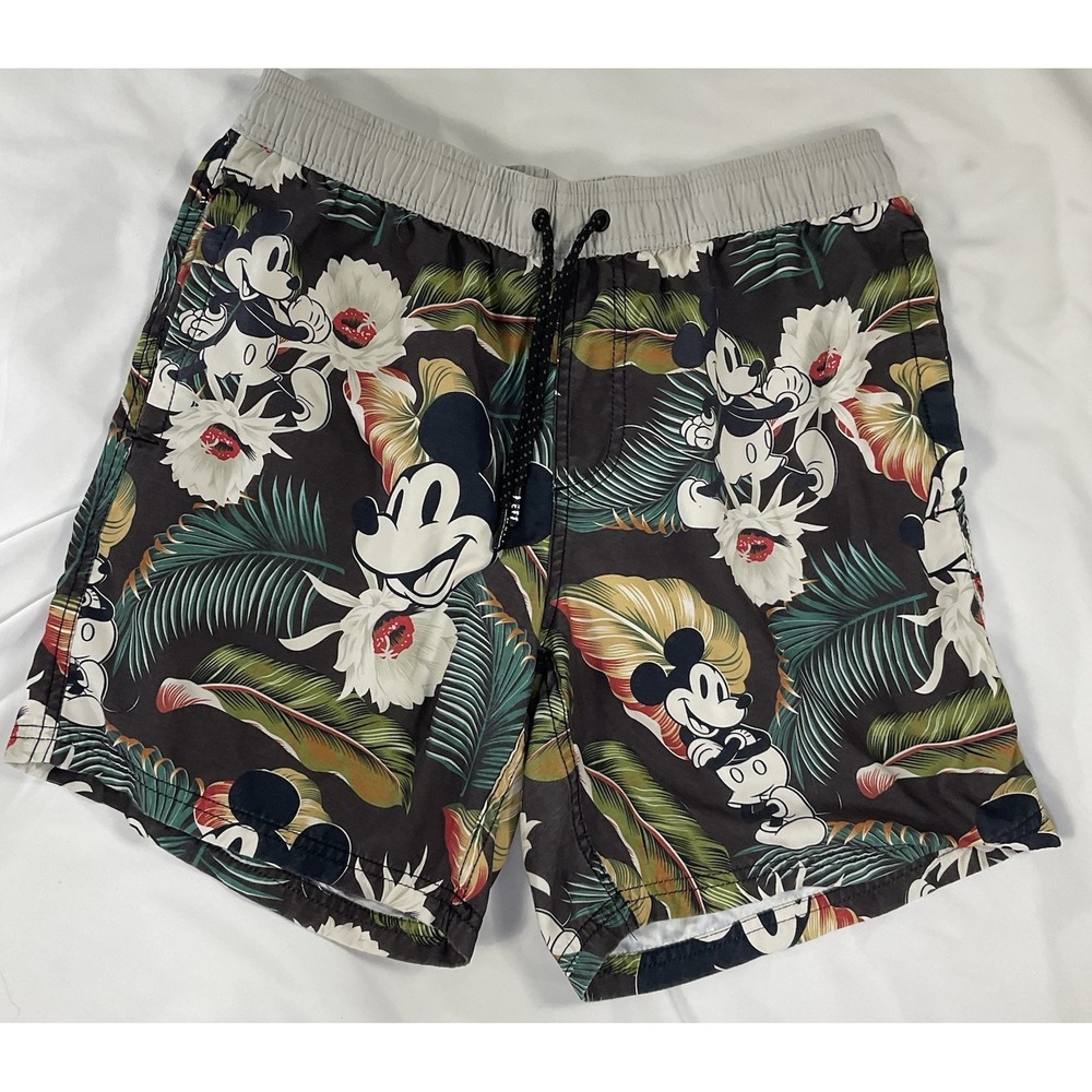 Disney Men Shorts S Black Floral Mickey Mouse Swim Trunks Pocket 7" Inseam 379